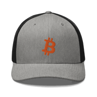 Front view of a heather grey and black bitcoin trucker cap.