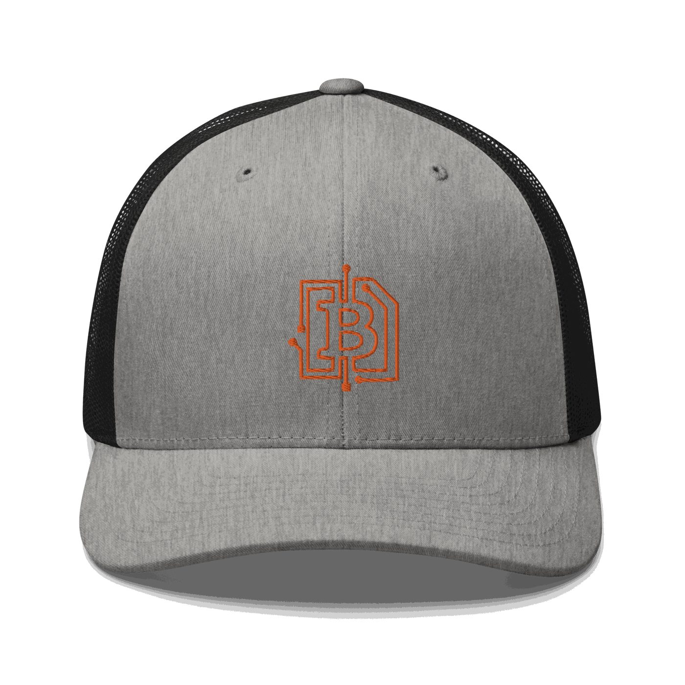 Front view of a heather grey and black bitcoin trucker cap.
