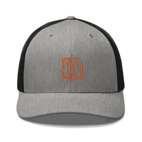 Front view of a heather grey and black bitcoin trucker cap.