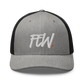 Front view of a heather grey and black bitcoin trucker cap.