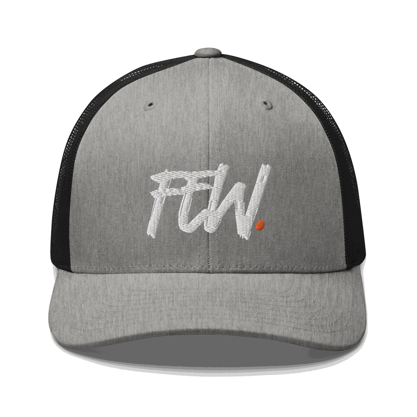 Front view of a heather grey and black bitcoin trucker cap.