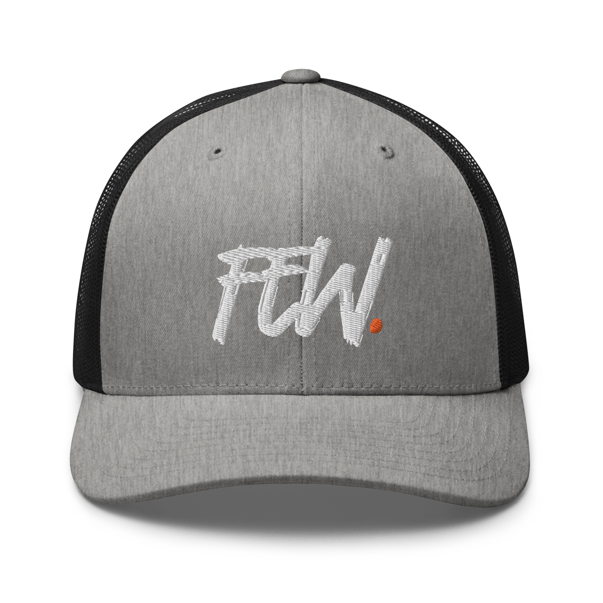 Front view of a heather grey and black bitcoin trucker cap.