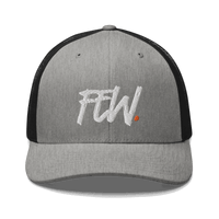 Front view of a heather grey and black bitcoin trucker cap.