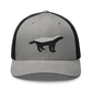 Front view of a heather grey and black bitcoin trucker cap.