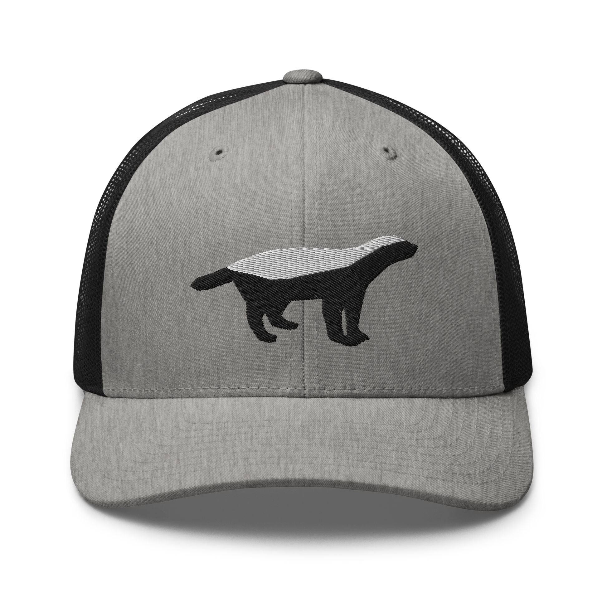 Front view of a heather grey and black bitcoin trucker cap.