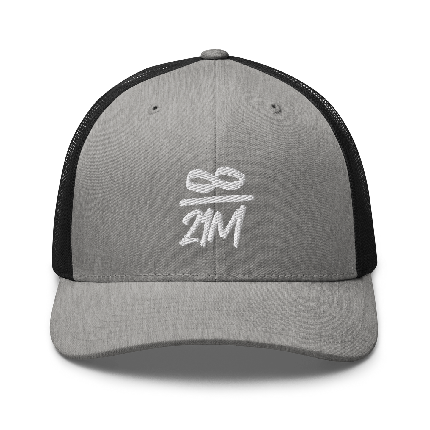 Front view of a heather grey and black bitcoin trucker cap.