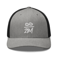 Front view of a heather grey and black bitcoin trucker cap.