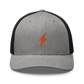 Front view of a heather grey and black bitcoin trucker cap.