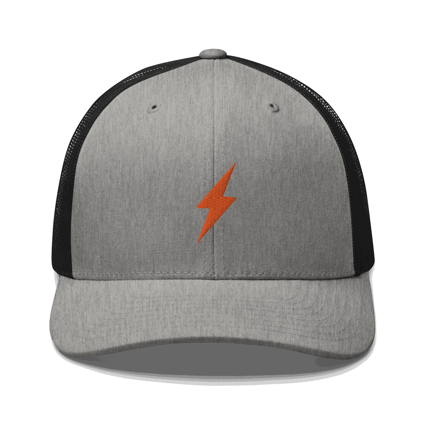 Black six-panel Lightning Bitcoin trucker cap with mesh back and adjustable closure