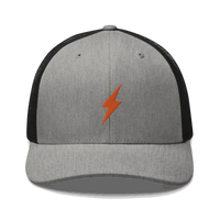 Black six-panel Lightning Bitcoin trucker cap with mesh back and adjustable closure