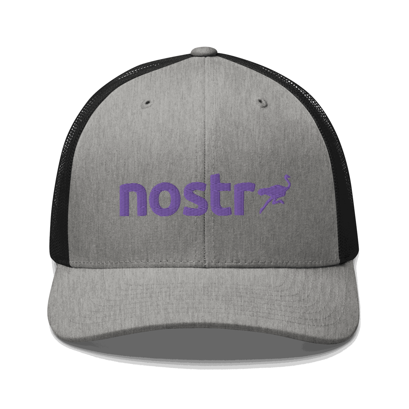 Front view of a heather grey and black bitcoin trucker cap.