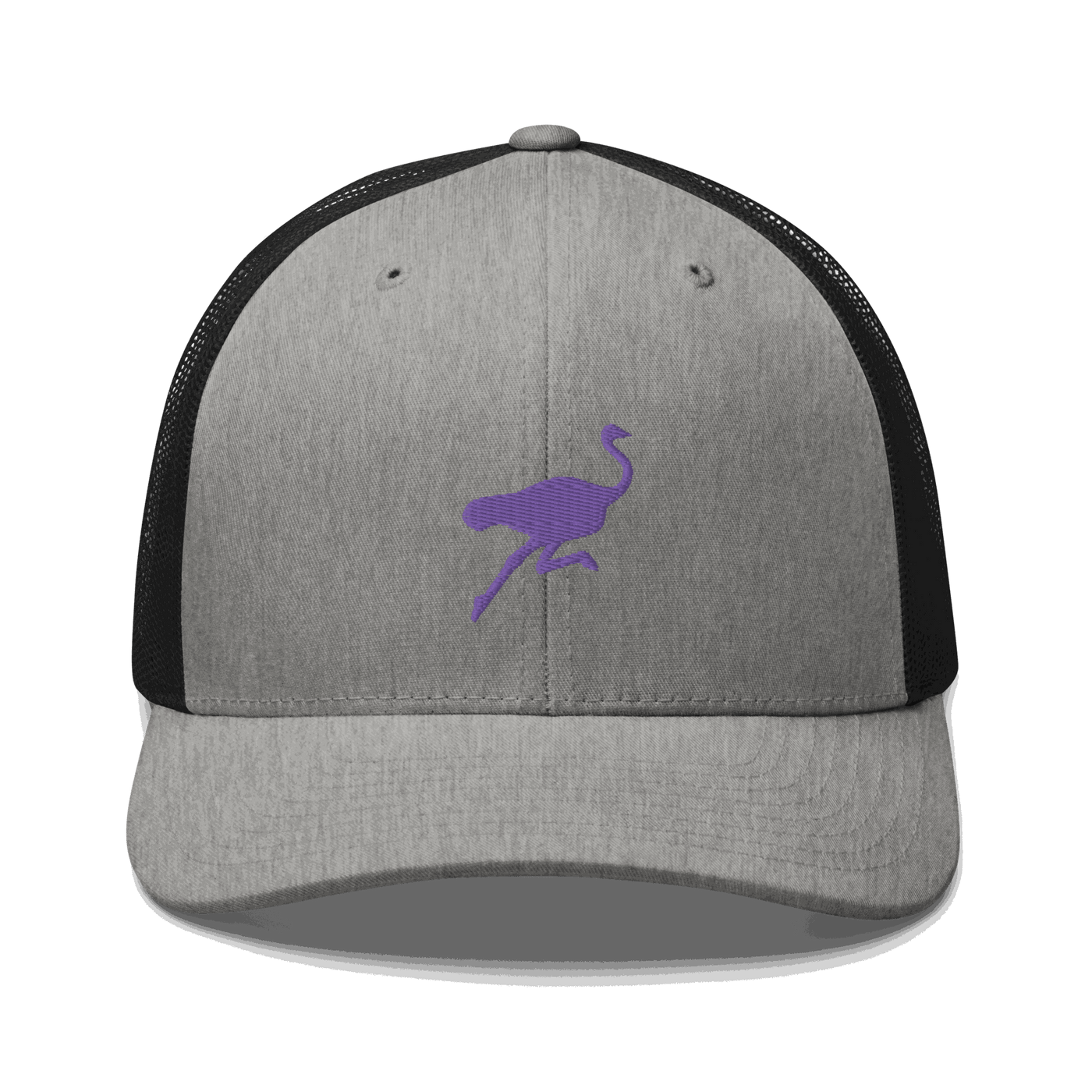 Front view of a heather grey and black bitcoin trucker cap.