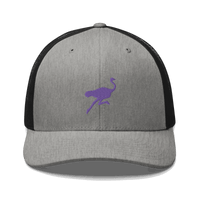 Front view of a heather grey and black bitcoin trucker cap.