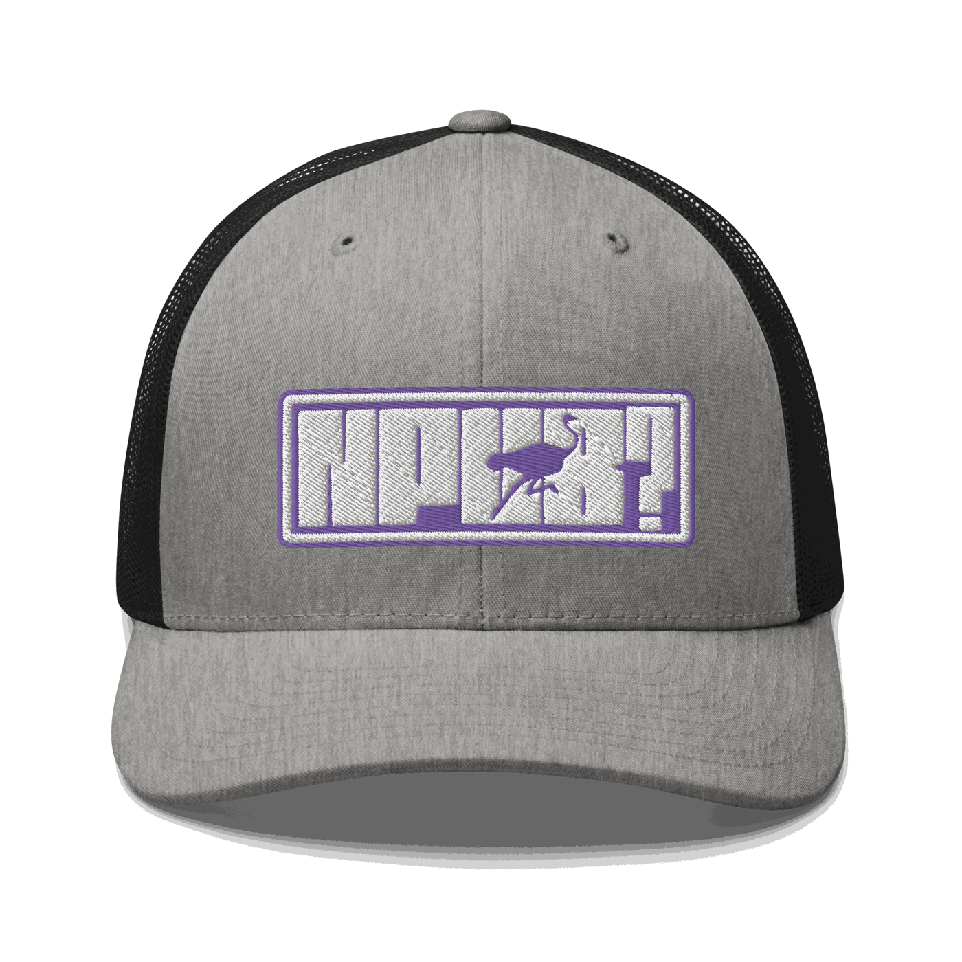 Front view of a heather grey and black bitcoin trucker cap.