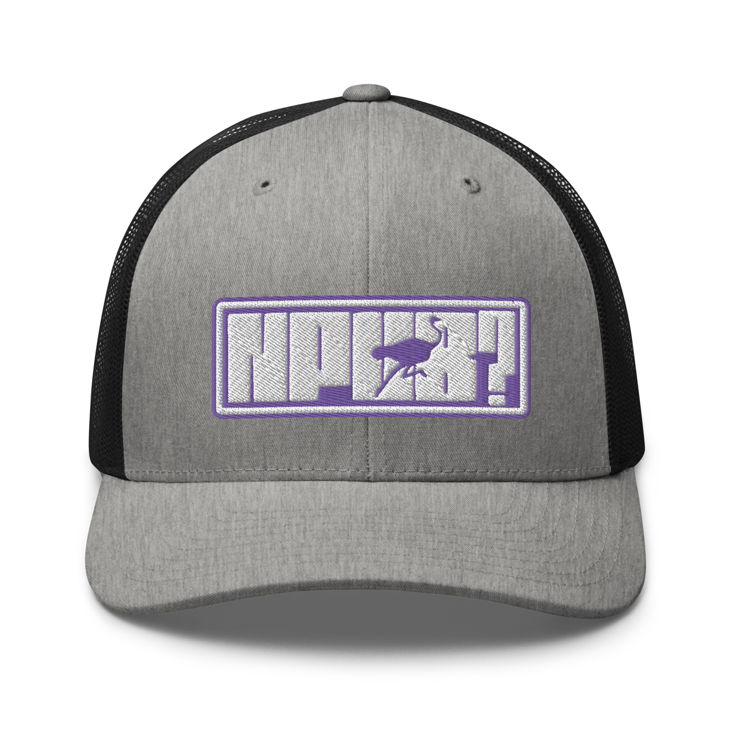 Front view of a heather grey and black bitcoin trucker cap.