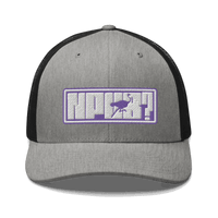 Front view of a heather grey and black bitcoin trucker cap.