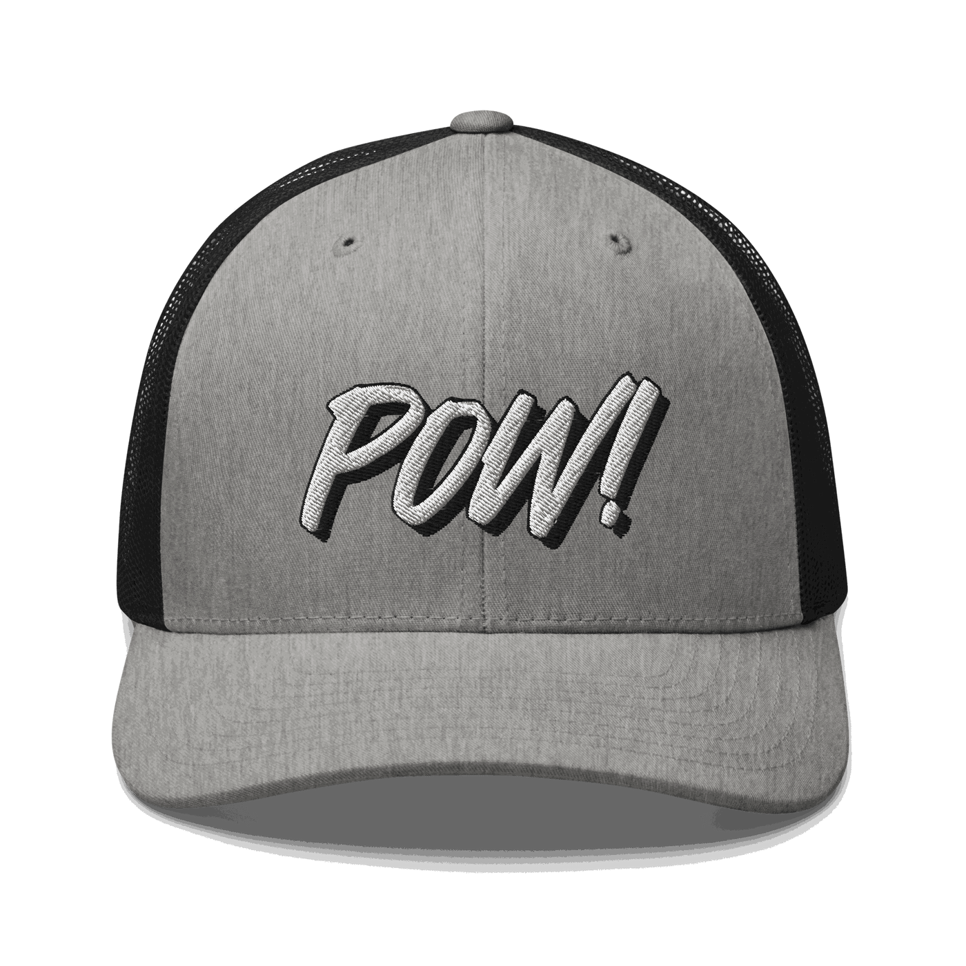 Front view of a heather grey and black bitcoin trucker cap.