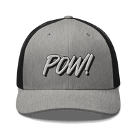 Front view of a heather grey and black bitcoin trucker cap.
