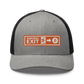 Front view of a heather grey and black bitcoin trucker cap.