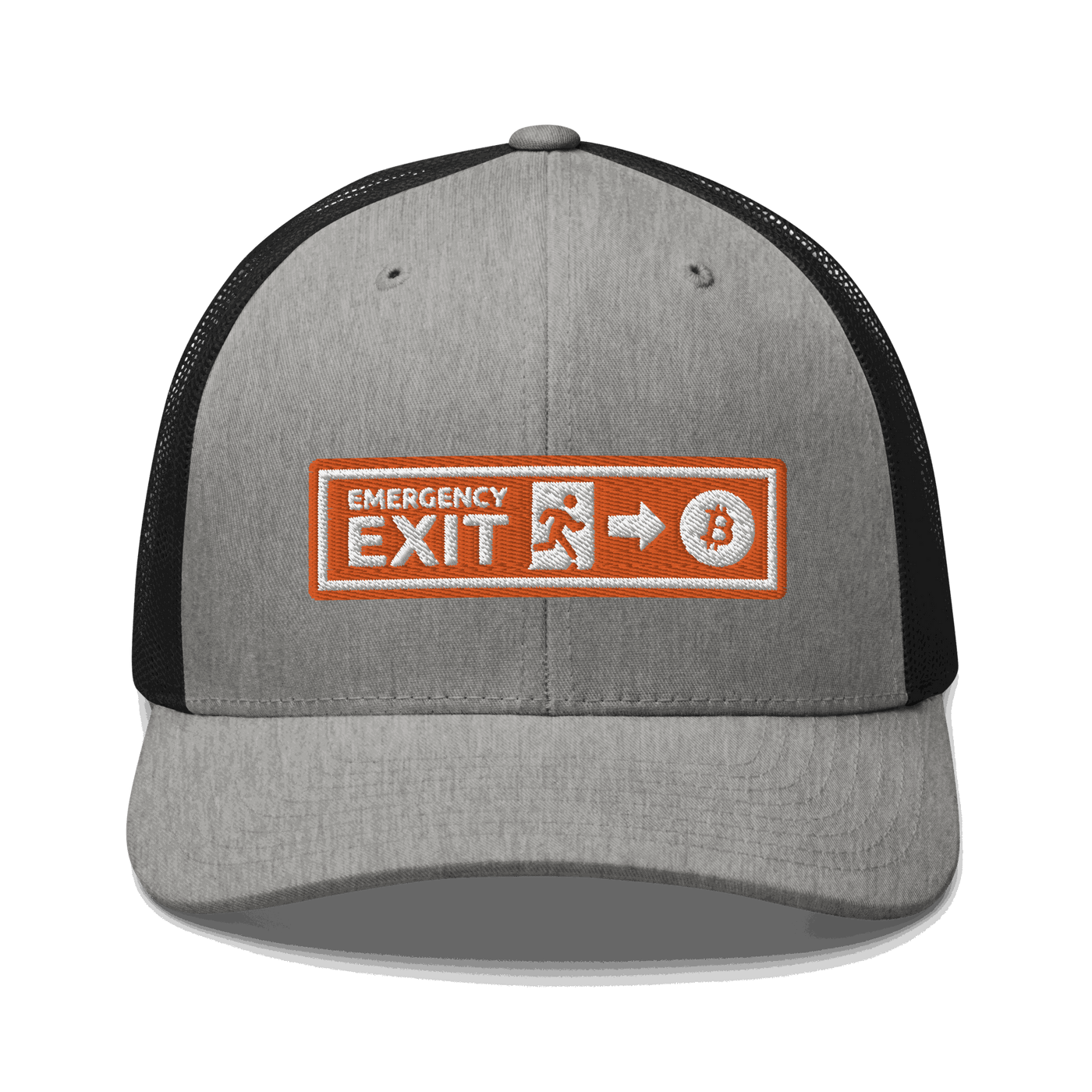 Front view of a heather grey and black bitcoin trucker cap.