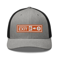 Front view of a heather grey and black bitcoin trucker cap.