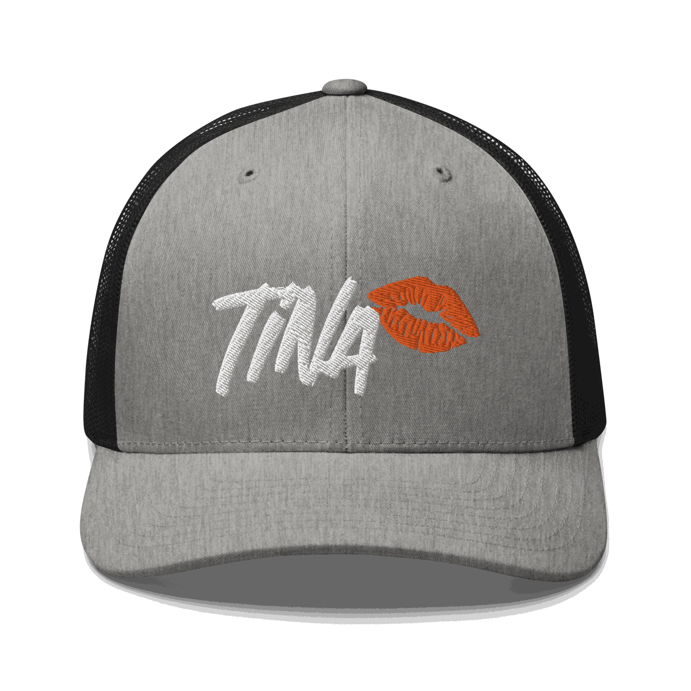Front view of a heather grey and black bitcoin trucker cap.