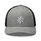 Front view of a heather grey and black bitcoin trucker cap.