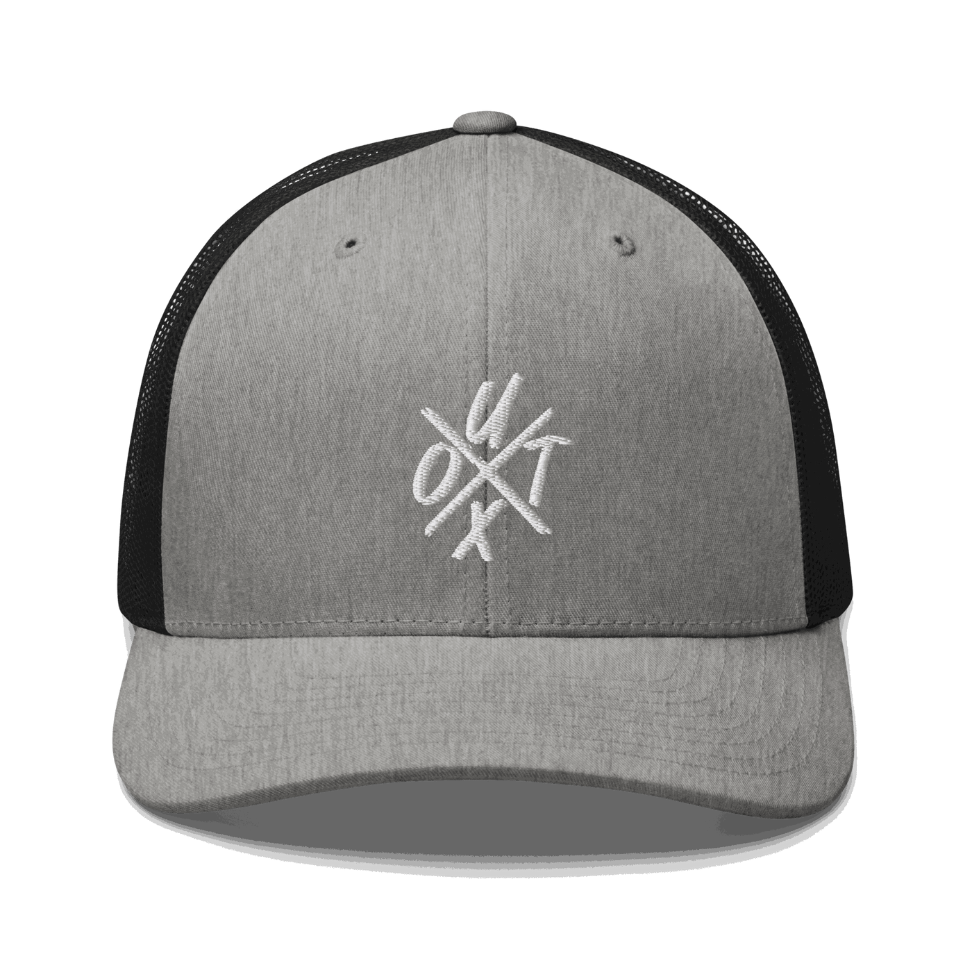 Front view of a heather grey and black bitcoin trucker cap.