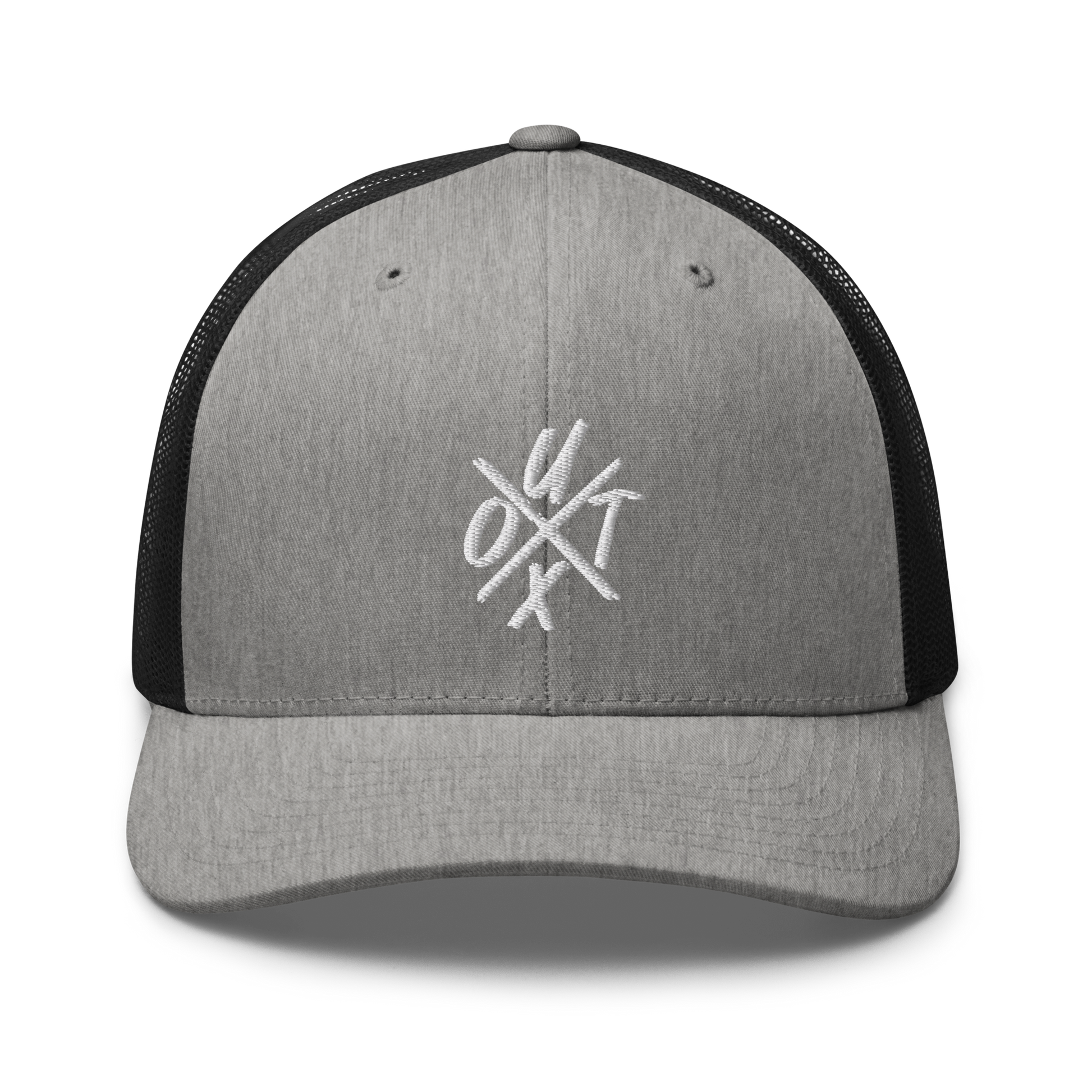 Front view of a heather grey and black bitcoin trucker cap.