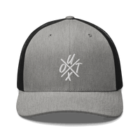 Front view of a heather grey and black bitcoin trucker cap.