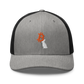 Front view of a heather grey and black bitcoin trucker cap.