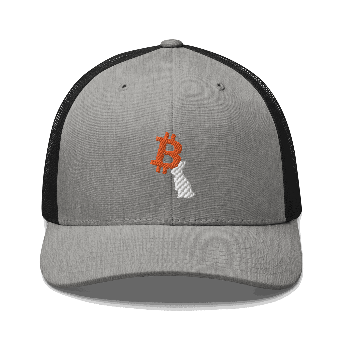 Front view of a heather grey and black bitcoin trucker cap.