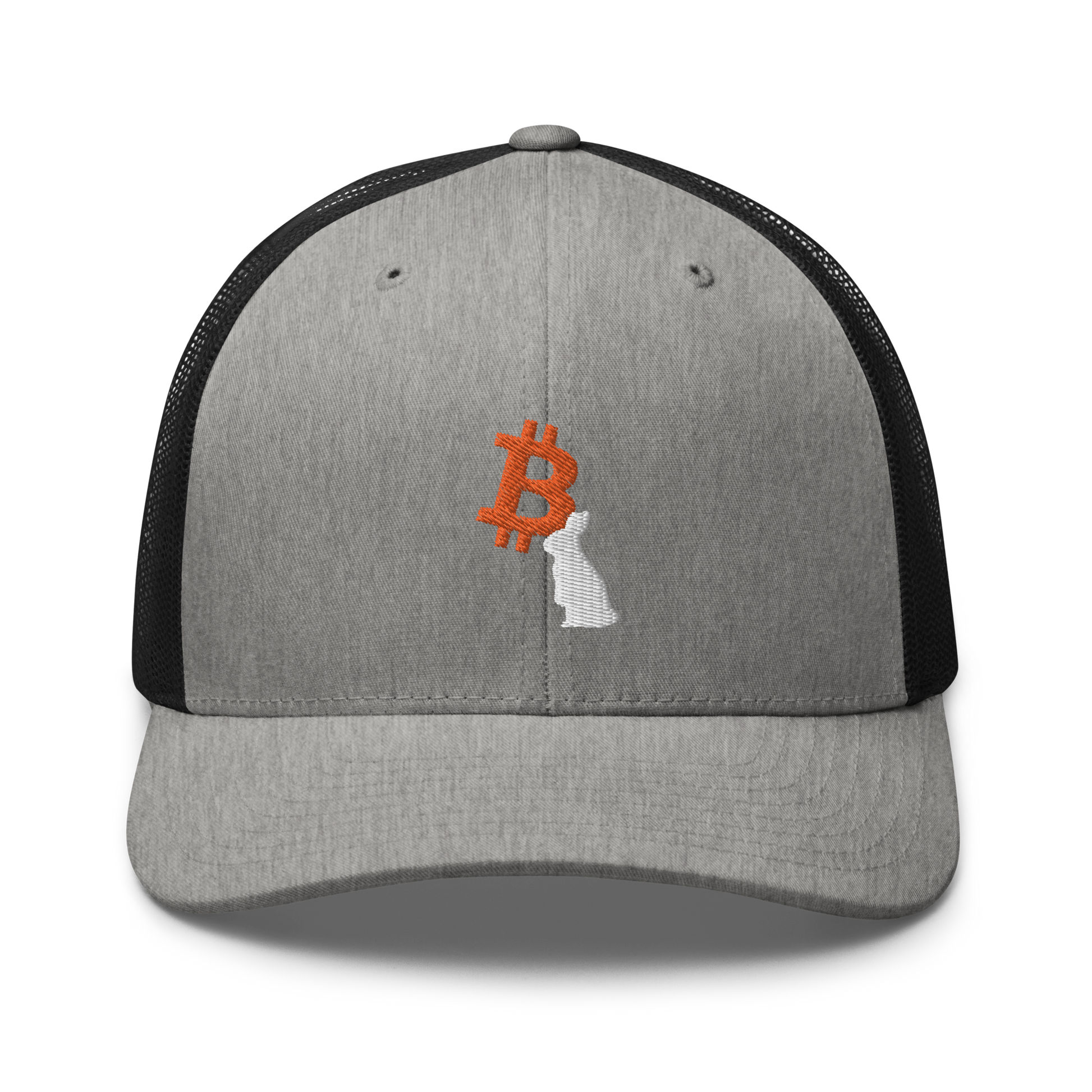 Front view of a heather grey and black bitcoin trucker cap.