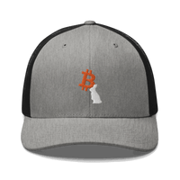 Front view of a heather grey and black bitcoin trucker cap.