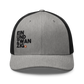 Front view of a heather grey and black bitcoin trucker cap.