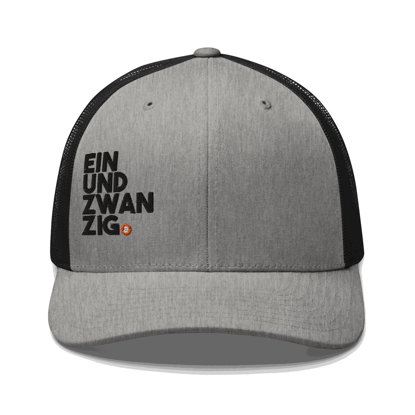 Black Bitcoin trucker cap with mesh back and embroidered logo representing Einundzwanzig movement