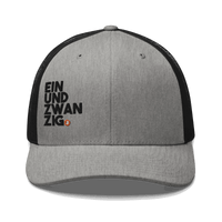 Black Bitcoin trucker cap with mesh back and embroidered logo representing Einundzwanzig movement