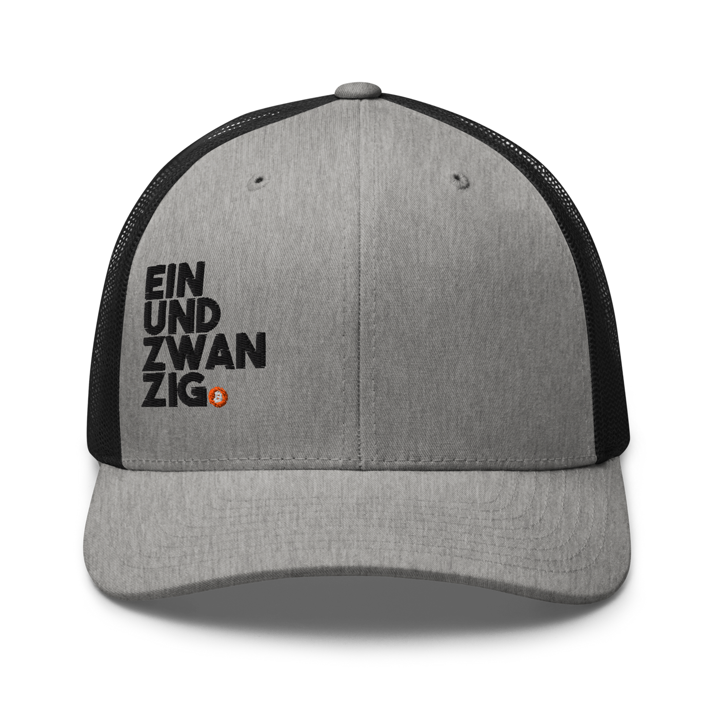 Einundzwanzig bitcoin trucker cap in Heather/ Black, front view.