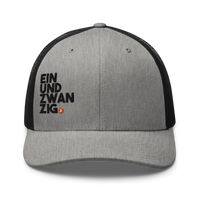 Einundzwanzig bitcoin trucker cap in Heather/ Black, front view.