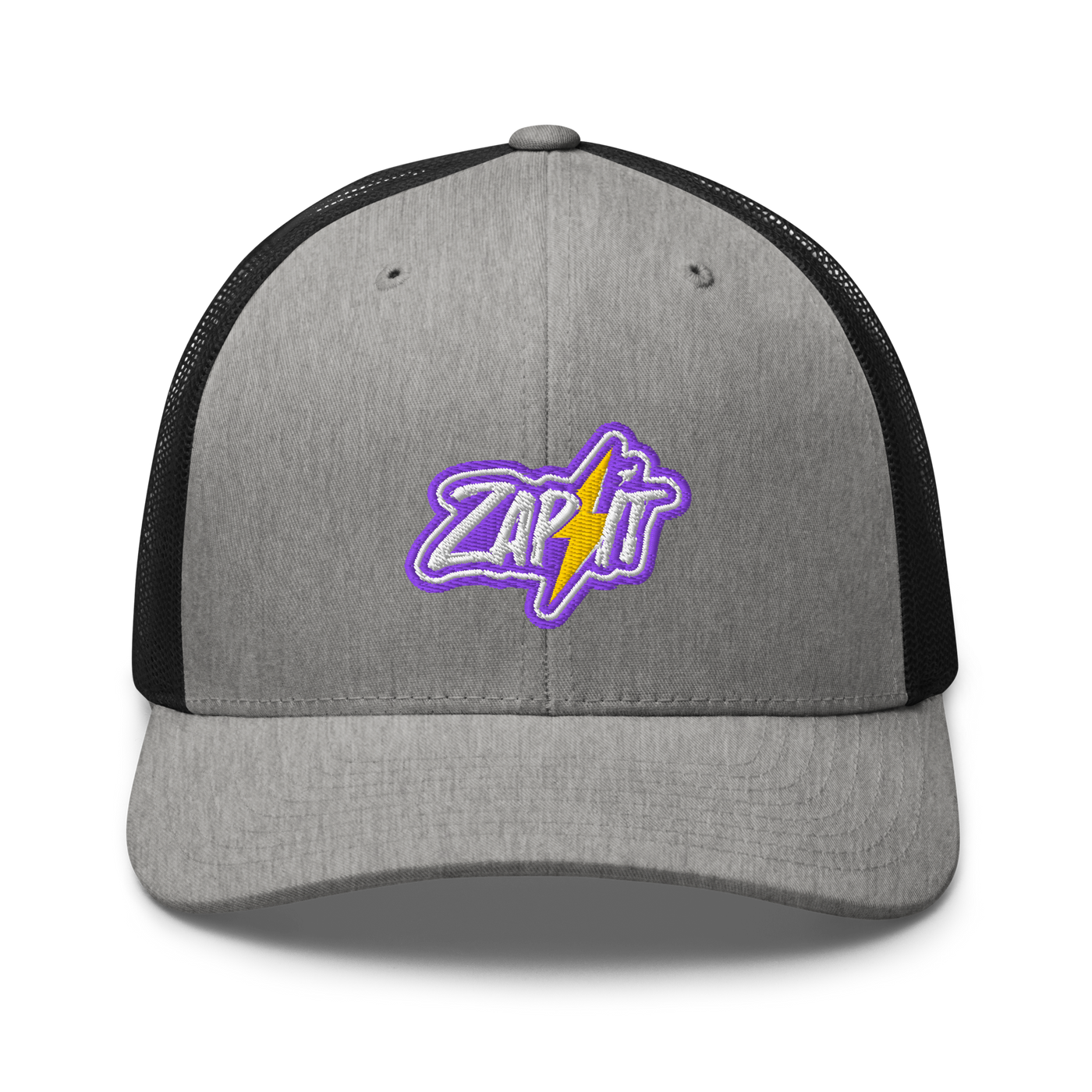 Zap It nostr trucker cap in Heather/ Black, front view.