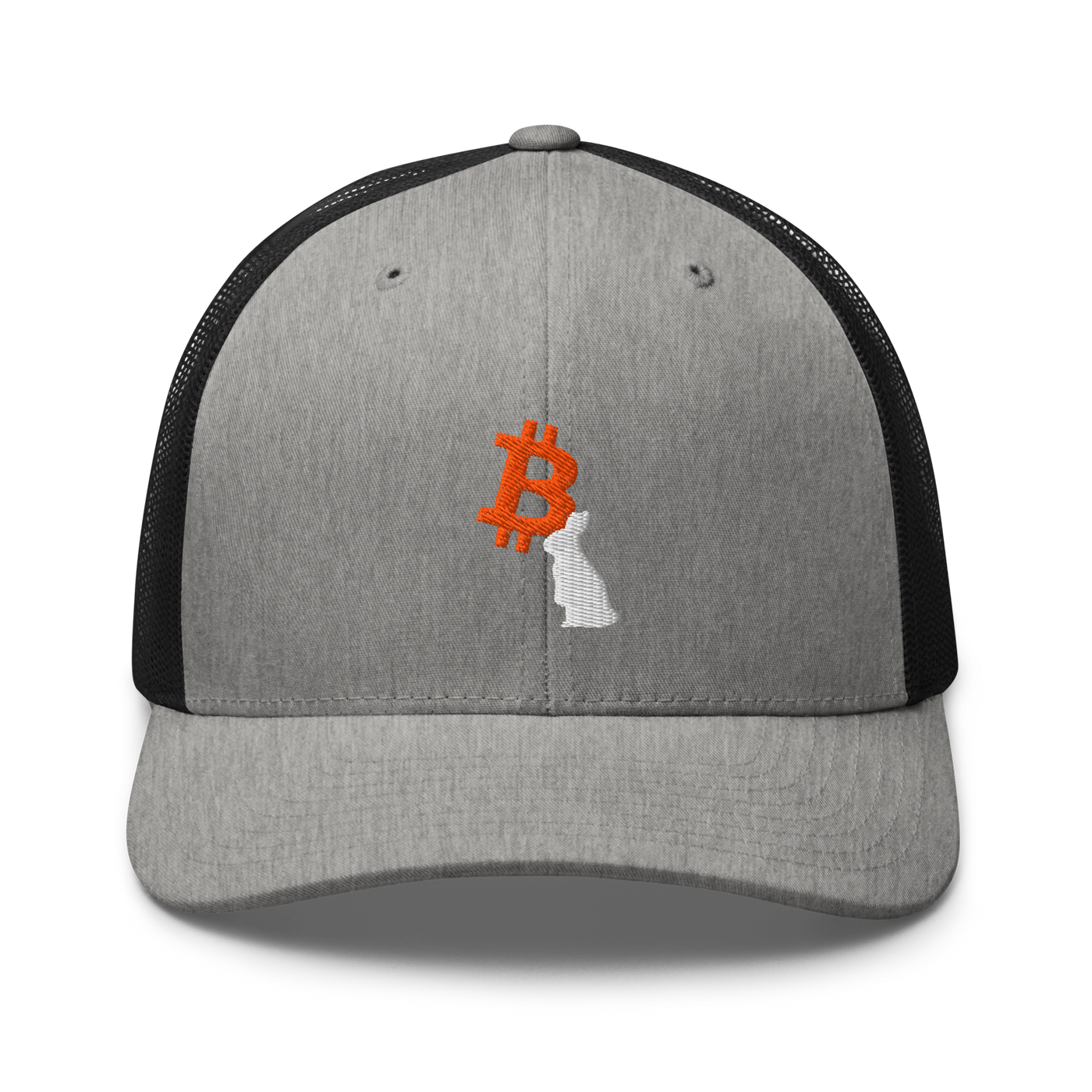 White Rabbit bitcoin trucker cap in Heather/ Black, front view.