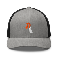 White Rabbit bitcoin trucker cap in Heather/ Black, front view.