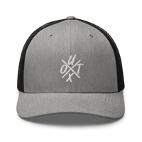 UTXO bitcoin trucker cap in Heather/ Black, front view.