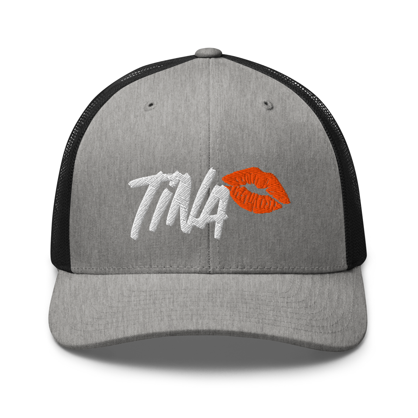 TINA bitcoin trucker cap in Heather/ Black, front view.