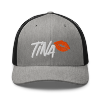 TINA bitcoin trucker cap in Heather/ Black, front view.
