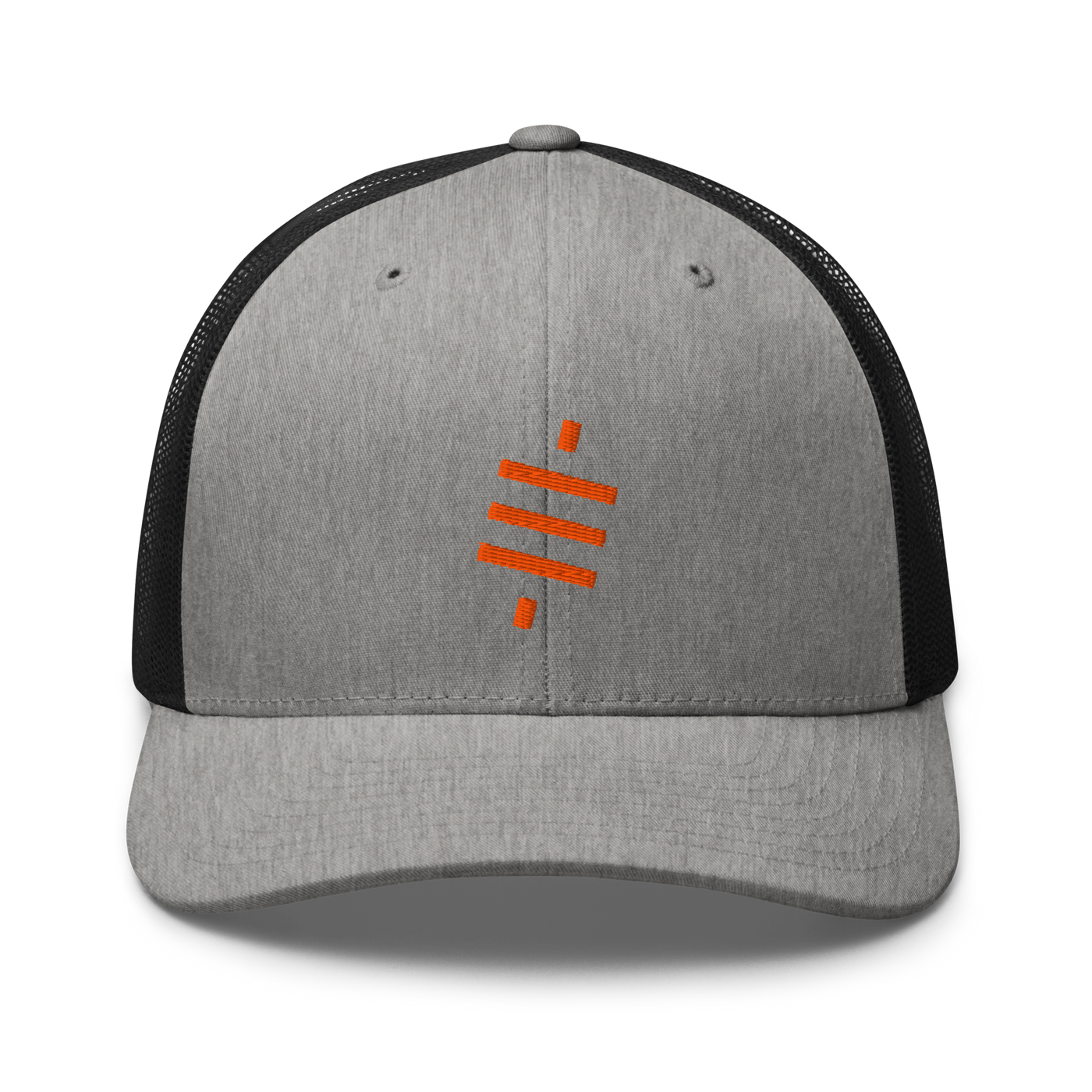 Sats symbol bitcoin trucker cap in Heather/ Black, front view.