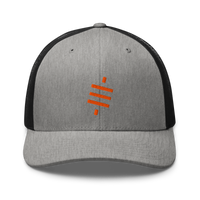 Sats symbol bitcoin trucker cap in Heather/ Black, front view.