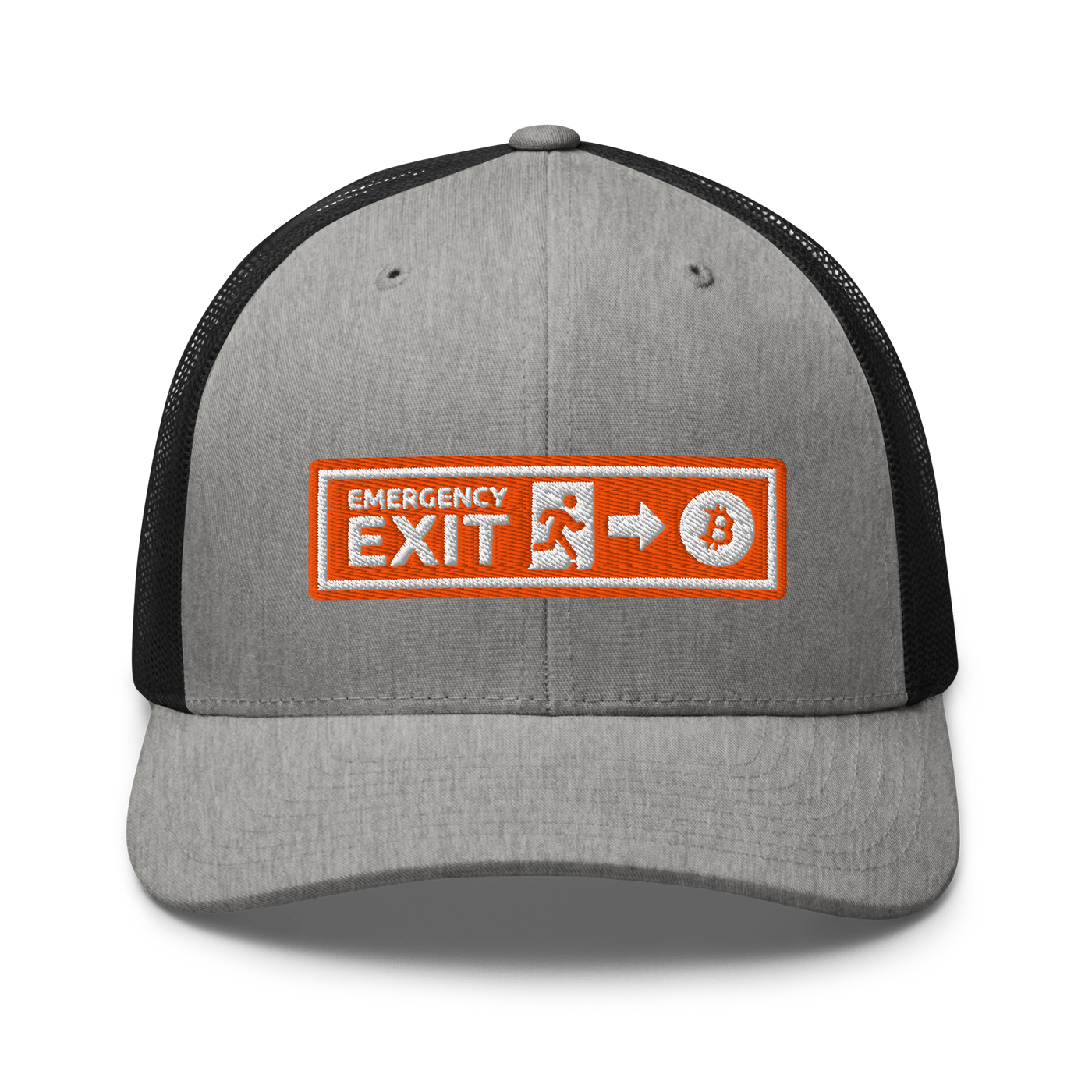 Emergency Exit bitcoin trucker cap in Heather/ Black, front view.