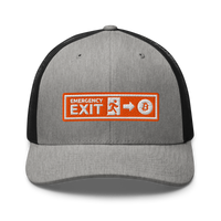 Emergency Exit bitcoin trucker cap in Heather/ Black, front view.
