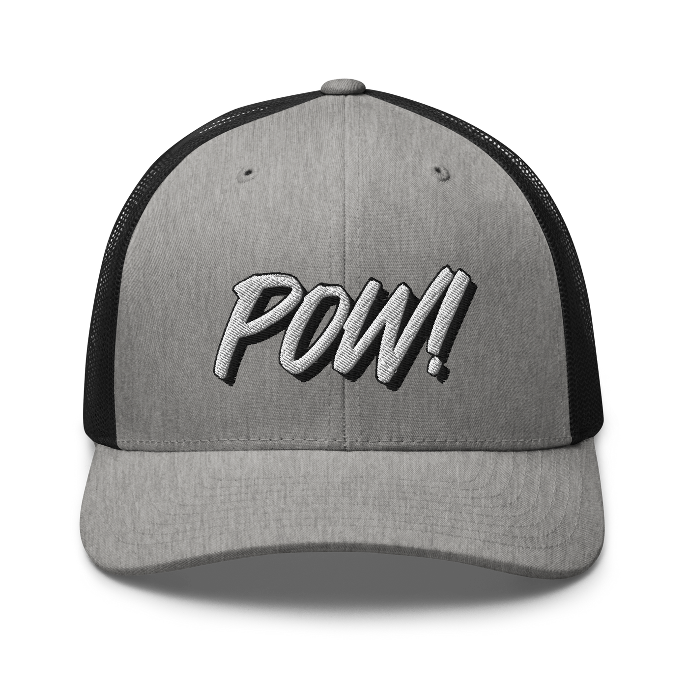 POW! bitcoin trucker cap in Heather/ Black, front view.